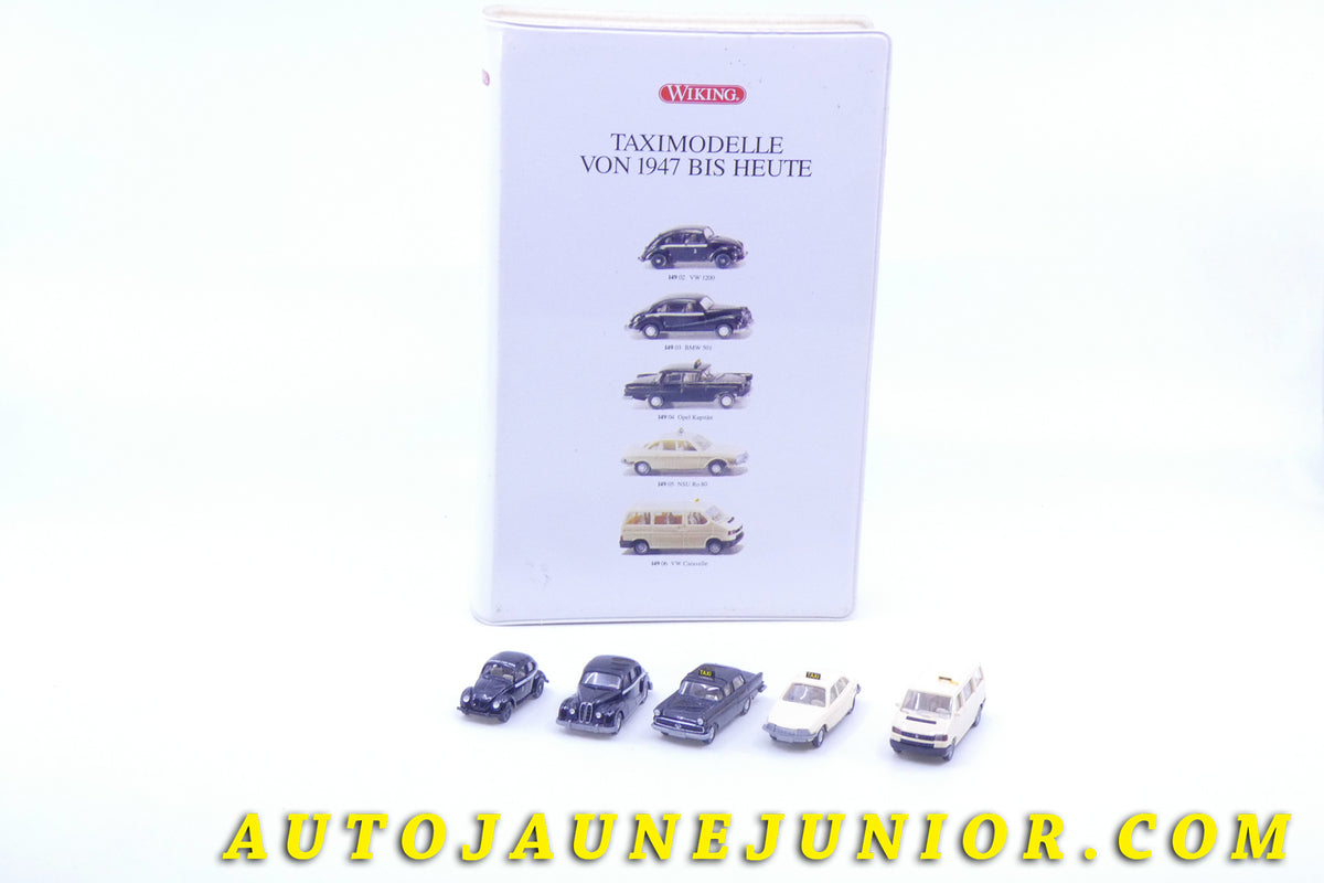 Le #2602 - Wiking - Ensemble de constructeurs différents - Taxi 1947 à Aujourd'hui. Vw 1200 - BMM 501 - Opel Kapitan - NSU Ro 80 - VW Caravelle "Taxi" est en vente sur Auto Jaune Junior ! Découvrez nos collections de diecast Dinky-Toys, Corgi, Corgi-Toys, Solido, Norev… Découvrez notre magasin physique , AutoJaune Paris, ouvert en 1984 par Vincent Espinasse. 41 rue Cavendish, 75019 Paris. Tel : 01 42 40 61 23. Ouvert les mardi et vendredi de 13h à 19h.