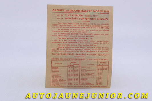 Le Norev Document Jeux-concours - Grand rallye 1958 est en vente sur Auto Jaune Junior ! Découvrez nos collections de diecast Minialuxe, CIJ, C-I-J, JRD, J-R-D, Matchbox, Majorette… AutoJaune Junior ; AutoJauneJunior.com : LE site de partage pour les passionés de miniatures et collectionneurs de jouets anciens !