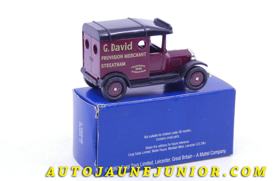 Le Corgi Toys Ford Model T "G.David" est en vente sur Auto Jaune Junior ! Découvrez nos collections de diecast Minialuxe, CIJ, C-I-J, JRD, J-R-D, Matchbox, Majorette… AutoJaune Junior ; AutoJauneJunior.com : LE site de partage pour les passionés de miniatures et collectionneurs de jouets anciens !