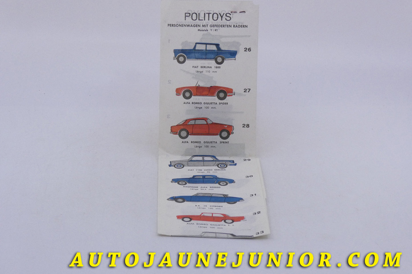 Le Politoys Document Catalogue Dépliant est en vente sur Auto Jaune Junior ! Découvrez nos collections de diecast Tekno, Politoys, Mebetoys, Mercury, Joal, Diapet, Märklin, TootsieToys.AutoJaune Junior ; Vous avez le même jouet ? Profitez de notre expertise pour vous accompagner dans la vente de vos modèles ou votre collection ! Nous achetons tous lots de miniatures ! Contactez nous !
