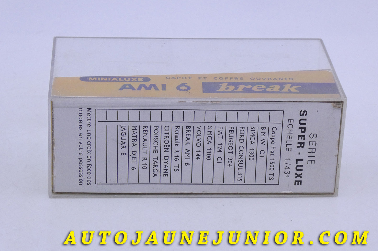 Le Minialuxe Citroën Ami 6 Break est en vente sur Auto Jaune Junior ! Découvrez nos collections de diecast Tekno, Politoys, Mebetoys, Mercury, Joal, Diapet, Märklin, TootsieToys.AutoJaune Junior ; Vous avez le même jouet ? Profitez de notre expertise pour vous accompagner dans la vente de vos modèles ou votre collection ! Nous achetons tous lots de miniatures ! Contactez nous !