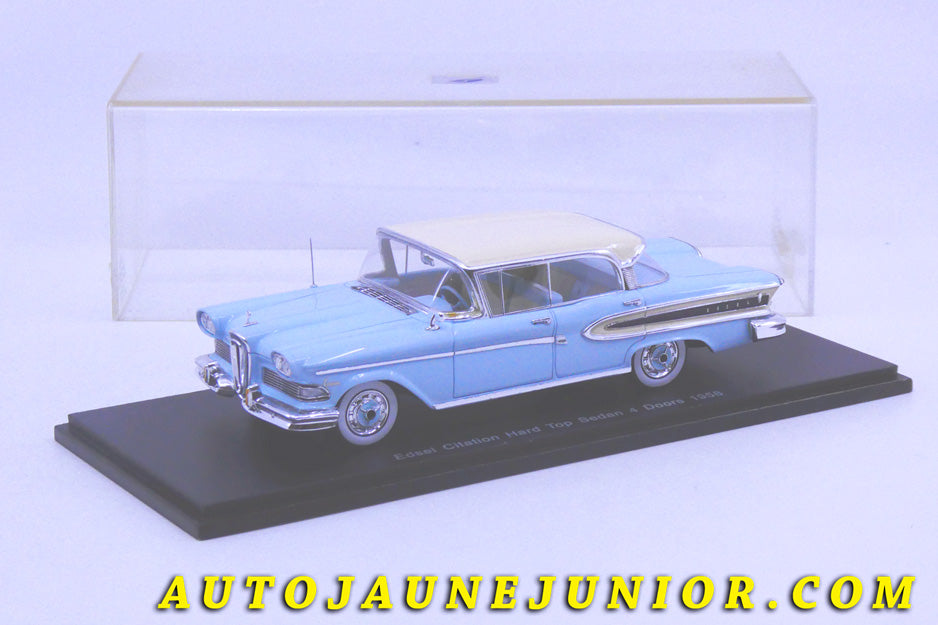 Le #2440 - Spark - Edsel - Citation Hard Top  Sedan 4 Doors 1958 est en vente sur Auto Jaune Junior ! Découvrez nos collections de diecast Dinky-Toys, Corgi, Corgi-Toys, Solido, Norev… Découvrez notre magasin physique , AutoJaune Paris, ouvert en 1984 par Vincent Espinasse. 41 rue Cavendish, 75019 Paris. Tel : 01 42 40 61 23. Ouvert les mardi et vendredi de 13h à 19h. 