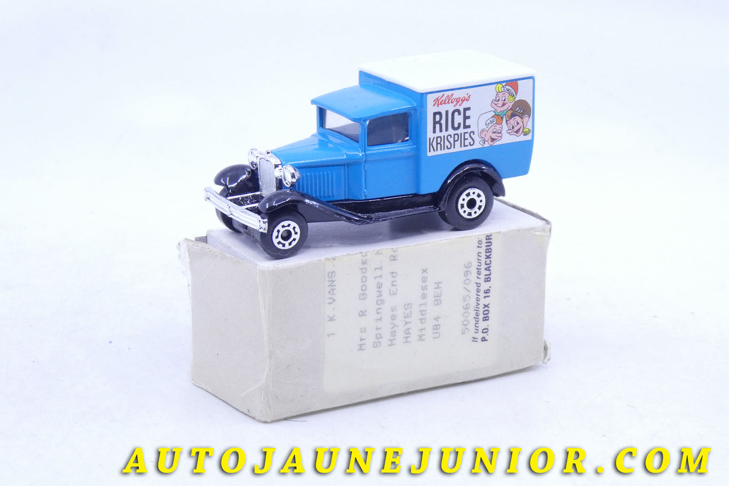 Le #3728 - Matchbox - Ford - Fourgon A 1929 "Rice Krispies b- Kellog's"  est en vente sur Auto Jaune Junior ! Découvrez nos collections de diecast Dinky-Toys, Corgi, Corgi-Toys, Solido, Norev… Découvrez notre magasin physique , AutoJaune Paris, ouvert en 1984 par Vincent Espinasse. 41 rue Cavendish, 75019 Paris. Tel : 01 42 40 61 23. Ouvert les mardi et vendredi de 13h à 19h. 