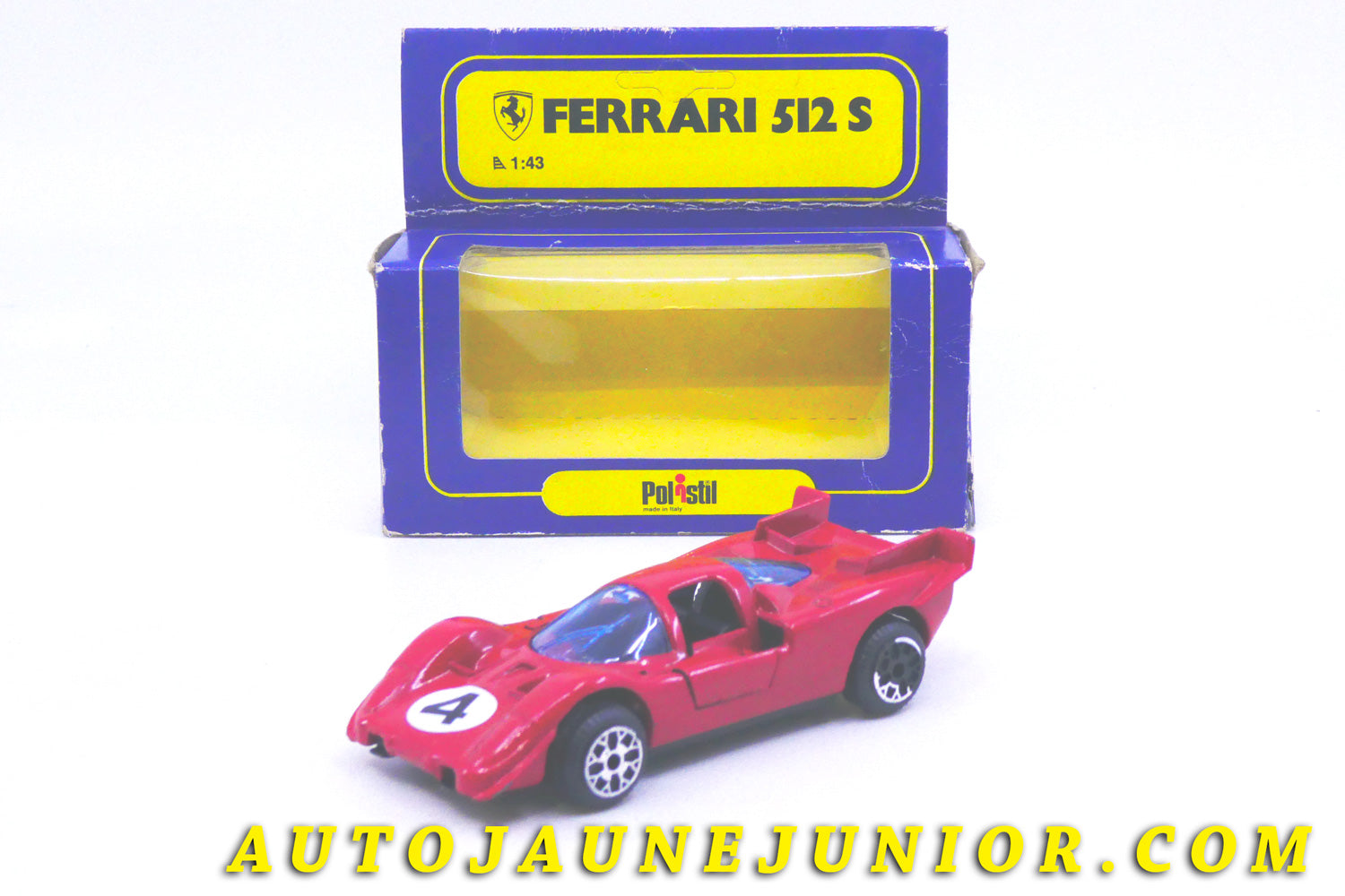 Le #4345 - Polistil (by Politoys) - Ferrari - 512 S #4  est en vente sur Auto Jaune Junior ! Découvrez nos collections de diecast Dinky-Toys, Corgi, Corgi-Toys, Solido, Norev… Découvrez notre magasin physique , AutoJaune Paris, ouvert en 1984 par Vincent Espinasse. 41 rue Cavendish, 75019 Paris. Tel : 01 42 40 61 23. Ouvert les mardi et vendredi de 13h à 19h. 