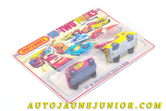 Le #4375 - Matchbox by Lesney - BMC & Wrecker - Two-Pack TP-8 « Breakdown Truck Joe Toe & Mini Cooper Racing » est en vente sur Auto Jaune Junior ! Découvrez nos collections de diecast Dinky-Toys, Corgi, Corgi-Toys, Solido, Norev… Découvrez notre magasin physique , AutoJaune Paris, ouvert en 1984 par Vincent Espinasse. 41 rue Cavendish, 75019 Paris. Tel : 01 42 40 61 23. Ouvert les mardi et vendredi de 13h à 19h. 