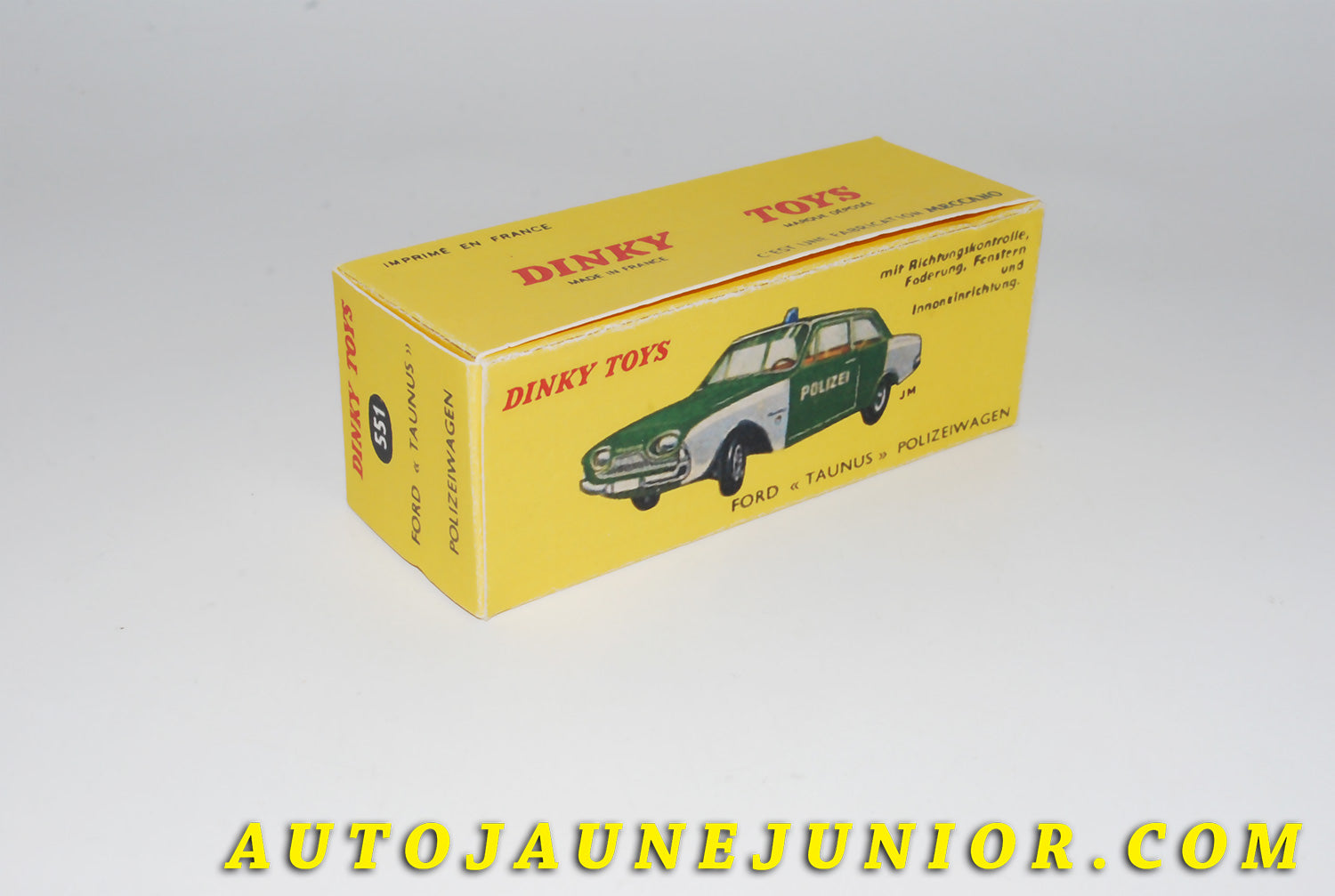 Le #4406 - Dinky Toys - Ford - Boite vide (REPRO) Taunus Polizeiwagen est en vente sur Auto Jaune Junior ! Découvrez nos collections de diecast Dinky-Toys, Corgi, Corgi-Toys, Solido, Norev… Découvrez notre magasin physique , AutoJaune Paris, ouvert en 1984 par Vincent Espinasse. 41 rue Cavendish, 75019 Paris. Tel : 01 42 40 61 23. Ouvert les mardi et vendredi de 13h à 19h. 