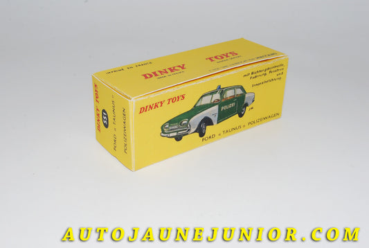 Le #4406 - Dinky Toys - Ford - Boite vide (REPRO) Taunus Polizeiwagen est en vente sur Auto Jaune Junior ! Découvrez nos collections de diecast Dinky-Toys, Corgi, Corgi-Toys, Solido, Norev… Découvrez notre magasin physique , AutoJaune Paris, ouvert en 1984 par Vincent Espinasse. 41 rue Cavendish, 75019 Paris. Tel : 01 42 40 61 23. Ouvert les mardi et vendredi de 13h à 19h. 