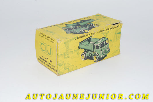 Le #4422 - C-I-J - Renault - Boite vide Camion Benne basculante 120 CV  est en vente sur Auto Jaune Junior ! Découvrez nos collections de diecast Dinky-Toys, Corgi, Corgi-Toys, Solido, Norev… Découvrez notre magasin physique , AutoJaune Paris, ouvert en 1984 par Vincent Espinasse. 41 rue Cavendish, 75019 Paris. Tel : 01 42 40 61 23. Ouvert les mardi et vendredi de 13h à 19h. 