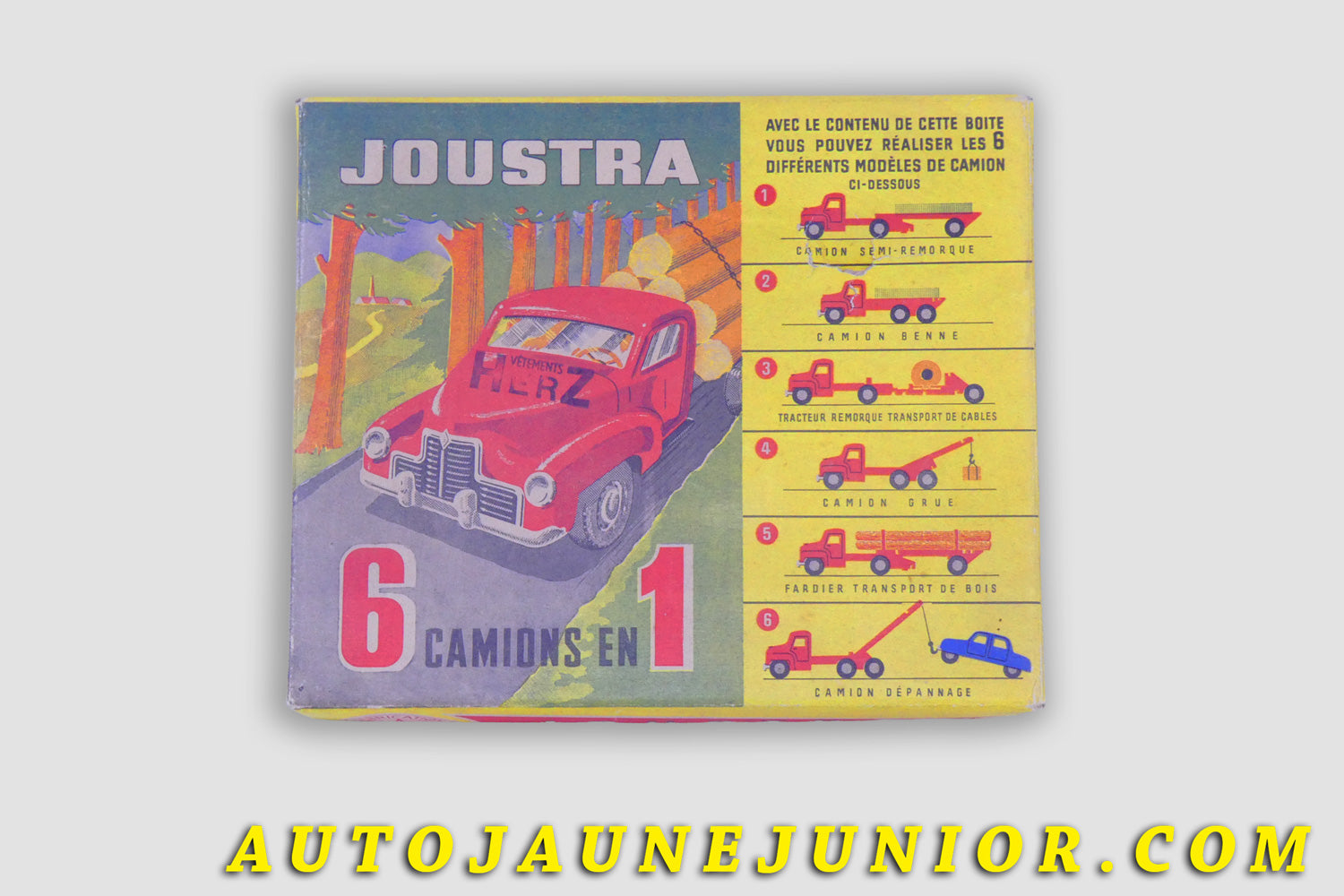 Le #4437 - Joustra - Coffret 1954 - "Boite de composition" - 6 Camions en 1  est en vente sur Auto Jaune Junior ! Découvrez nos collections de diecast Dinky-Toys, Corgi, Corgi-Toys, Solido, Norev… Découvrez notre magasin physique , AutoJaune Paris, ouvert en 1984 par Vincent Espinasse. 41 rue Cavendish, 75019 Paris. Tel : 01 42 40 61 23. Ouvert les mardi et vendredi de 13h à 19h. 
