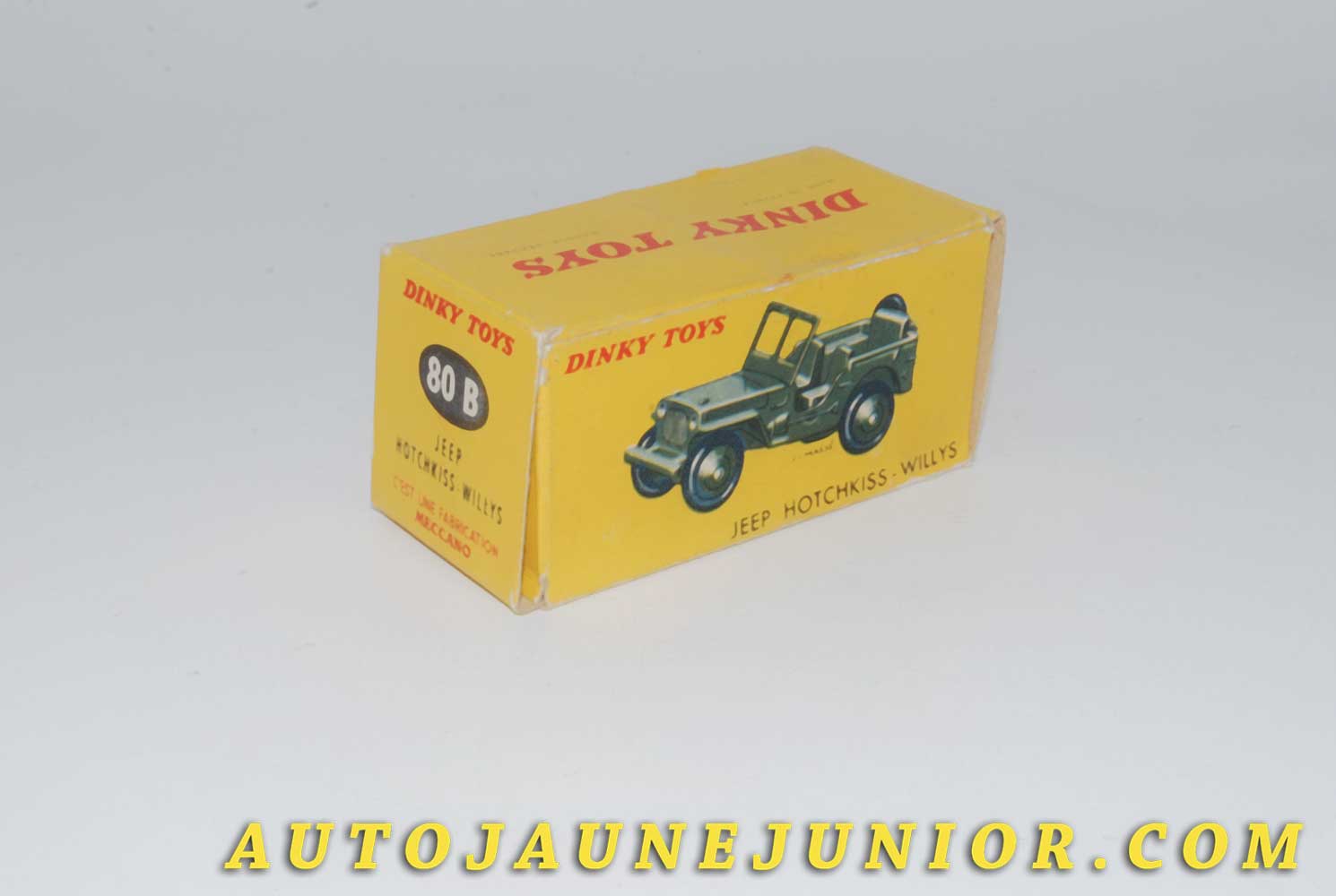 Le #4614 - Dinky Toys - Willys - Boite vide Jeep Hotchkiss est en vente sur Auto Jaune Junior ! Découvrez nos collections de diecast Dinky-Toys, Corgi, Corgi-Toys, Solido, Norev… Découvrez notre magasin physique , AutoJaune Paris, ouvert en 1984 par Vincent Espinasse. 41 rue Cavendish, 75019 Paris. Tel : 01 42 40 61 23. Ouvert les mardi et vendredi de 13h à 19h. 