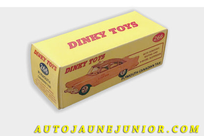 Le Dinky Toys Plymouth Boite vide Plymouth Canadian Taxi (Repro) est en vente sur Auto Jaune Junior ! Découvrez nos collections de diecast Dinky-Toys, Corgi, Corgi-Toys, Solido, Norev… AutoJaune Junior ; Retrouvez AutoJauneJunior au magasin AutoJaune Paris, ouvert en 1984 par Vincent Espinasse. 