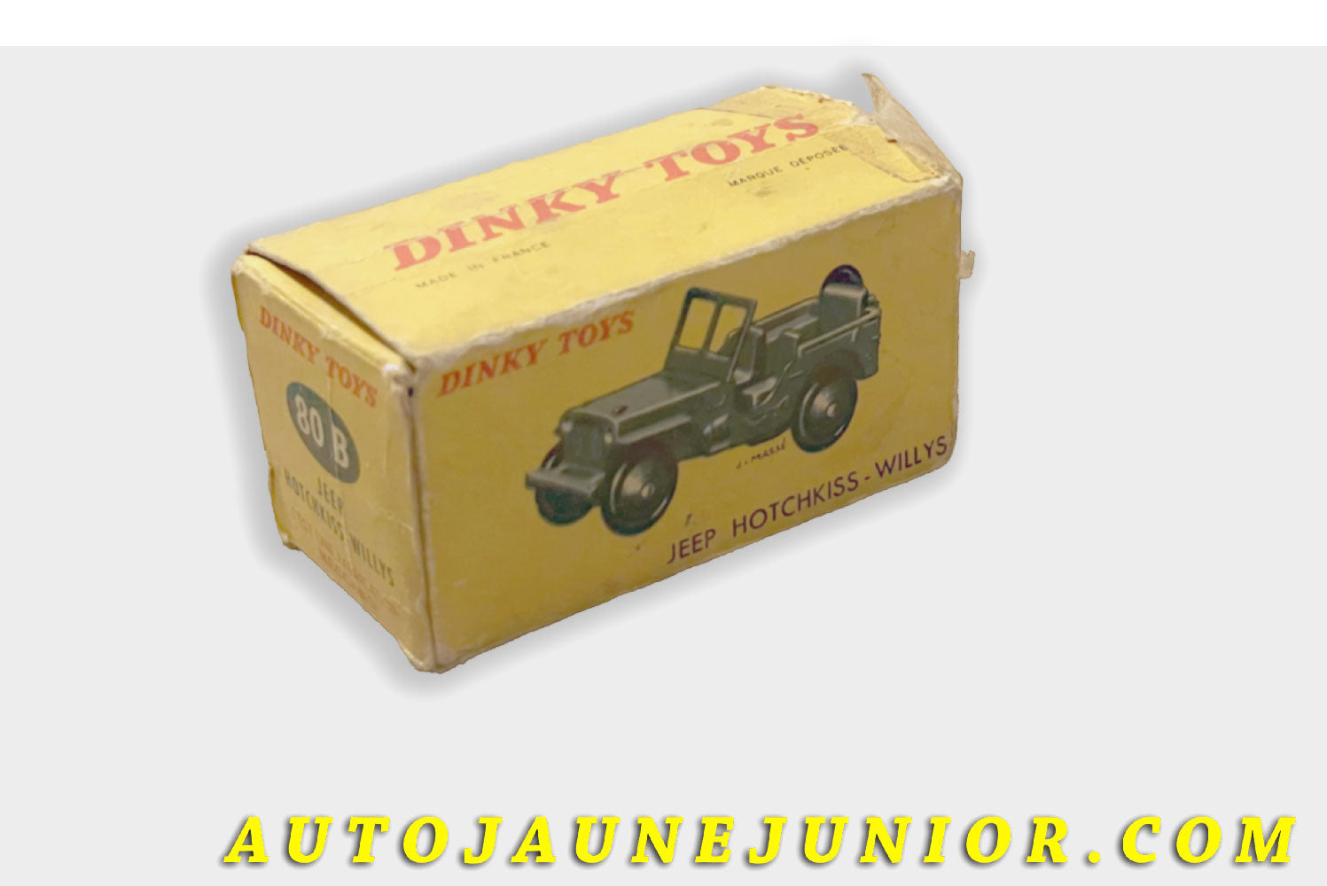 Le Dinky Toys Willys Boite vide Jeep Hotchkiss est en vente sur Auto Jaune Junior ! Découvrez nos collections de diecast Dinky-Toys, Corgi, Corgi-Toys, Solido, Norev… AutoJaune Junior ; Retrouvez AutoJauneJunior au magasin AutoJaune Paris, ouvert en 1984 par Vincent Espinasse. 