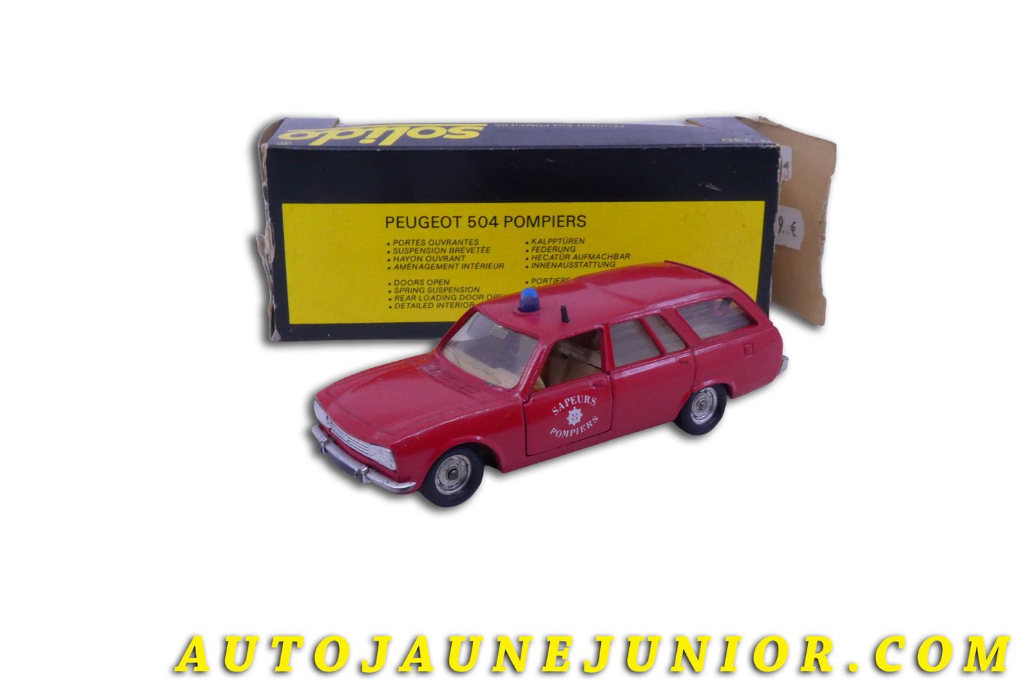 Le #5269 - Solido - Peugeot - 504 ambulance sapeurs pompiers est en vente sur Auto Jaune Junior ! Découvrez nos collections de diecast Dinky-Toys, Corgi, Corgi-Toys, Solido, Norev… Découvrez notre magasin physique , AutoJaune Paris, ouvert en 1984 par Vincent Espinasse. 41 rue Cavendish, 75019 Paris. Tel : 01 42 40 61 23. Ouvert les mardi et vendredi de 13h à 19h. 