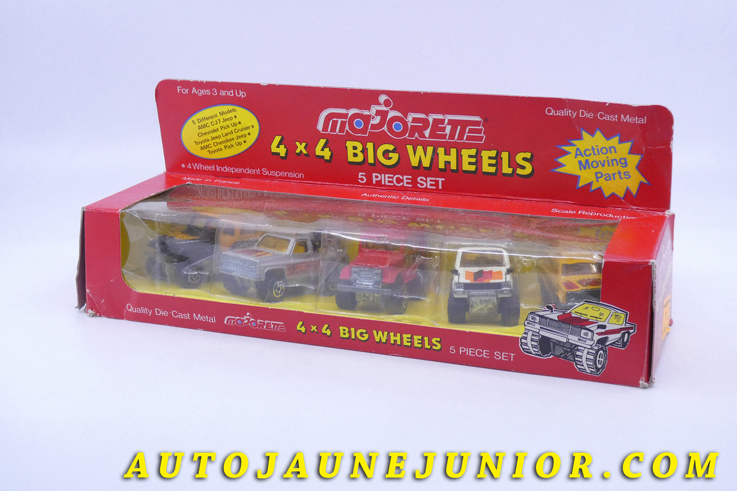 Le Majorette Jeep Coffret 4x4 Big Wheels : Jeep, Chevrolet, Toyota, AMC est en vente sur Auto Jaune Junior ! Découvrez nos collections de diecast Minialuxe, CIJ, C-I-J, JRD, J-R-D,  Matchbox, Majorette… AutoJaune Junior ; AutoJauneJunior.com : LE site de partage pour les passionés de miniatures et collectionneurs de jouets anciens ! 