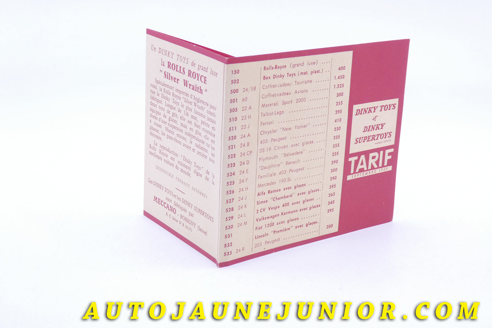 Le #3820 - Dinky Toys - Dépliant - Tarifs Septembre 1959 (Collection R.Goirand) est en vente sur Auto Jaune Junior ! Découvrez nos collections de diecast Minialuxe, CIJ, C-I-J, JRD, J-R-D,  Matchbox, Majorette… AutoJauneJunior.com : le site de vente en ligne et de partage pour les passionés de miniatures et collectionneurs de jouets anciens ! Des centaines de modèles en vente, et des nouveautés mises en ligne chaque jour à 21h00 !