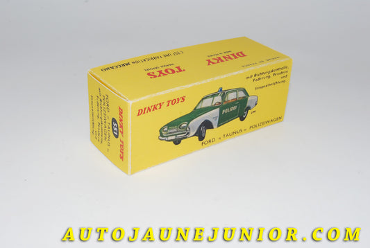 Le #4406 - Dinky Toys - Ford - Boite vide (REPRO) Taunus Polizeiwagen est en vente sur Auto Jaune Junior ! Découvrez nos collections de diecast Minialuxe, CIJ, C-I-J, JRD, J-R-D,  Matchbox, Majorette… AutoJauneJunior.com : le site de vente en ligne et de partage pour les passionés de miniatures et collectionneurs de jouets anciens ! Des centaines de modèles en vente, et des nouveautés mises en ligne chaque jour à 21h00 !