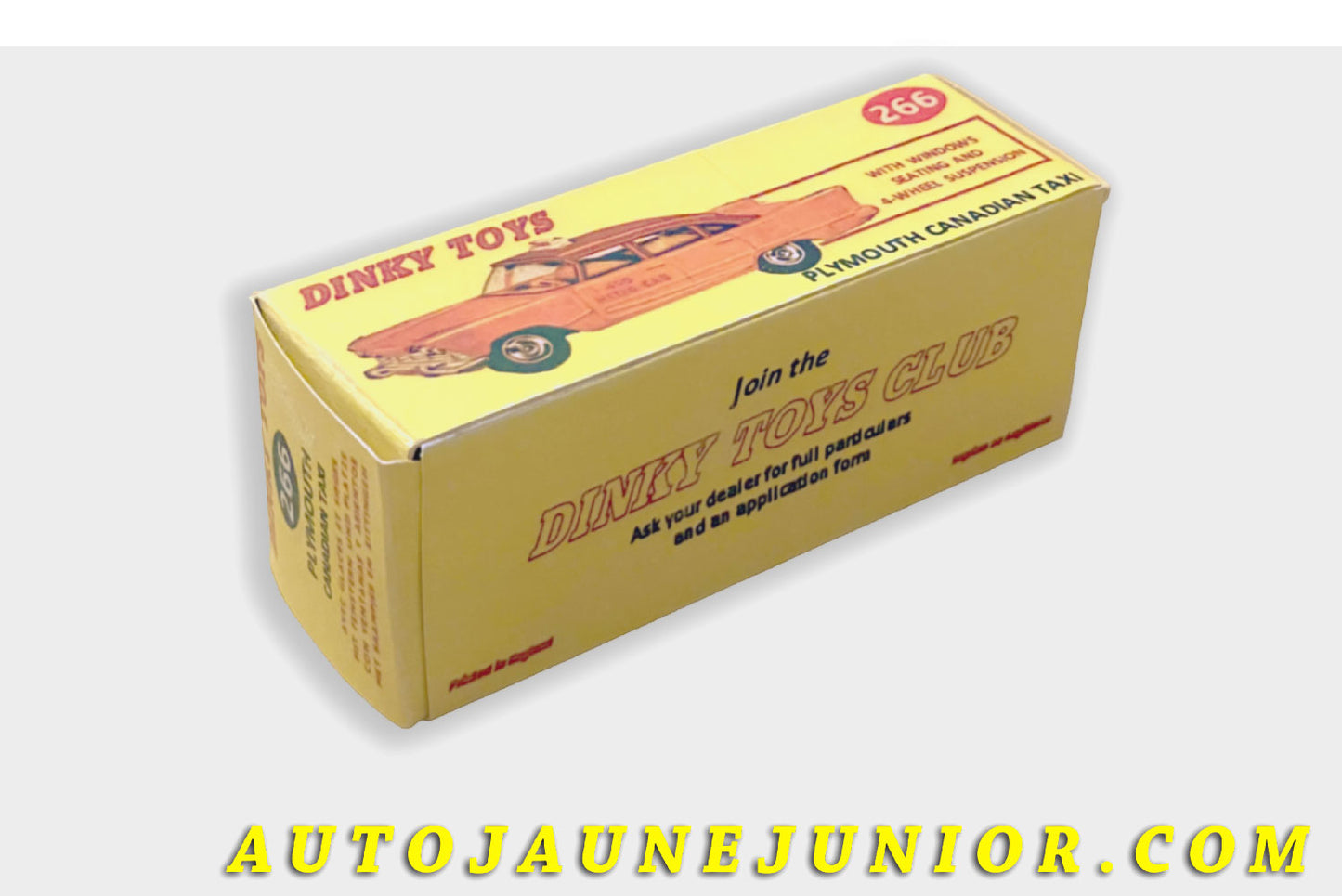Le Dinky Toys Plymouth Boite vide Plymouth Canadian Taxi (Repro) est en vente sur Auto Jaune Junior ! Découvrez nos collections de diecast Minialuxe, CIJ, C-I-J, JRD, J-R-D,  Matchbox, Majorette… AutoJaune Junior ; AutoJauneJunior.com : LE site de partage pour les passionés de miniatures et collectionneurs de jouets anciens ! 