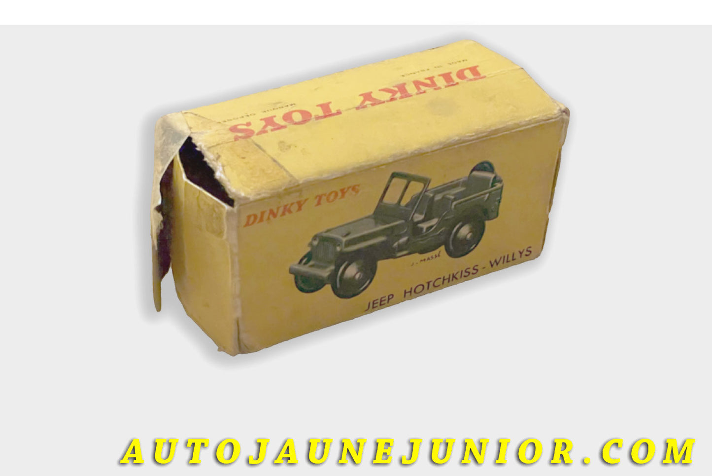 Le Dinky Toys Willys Boite vide Jeep Hotchkiss est en vente sur Auto Jaune Junior ! Découvrez nos collections de diecast Minialuxe, CIJ, C-I-J, JRD, J-R-D,  Matchbox, Majorette… AutoJaune Junior ; AutoJauneJunior.com : LE site de partage pour les passionés de miniatures et collectionneurs de jouets anciens ! 