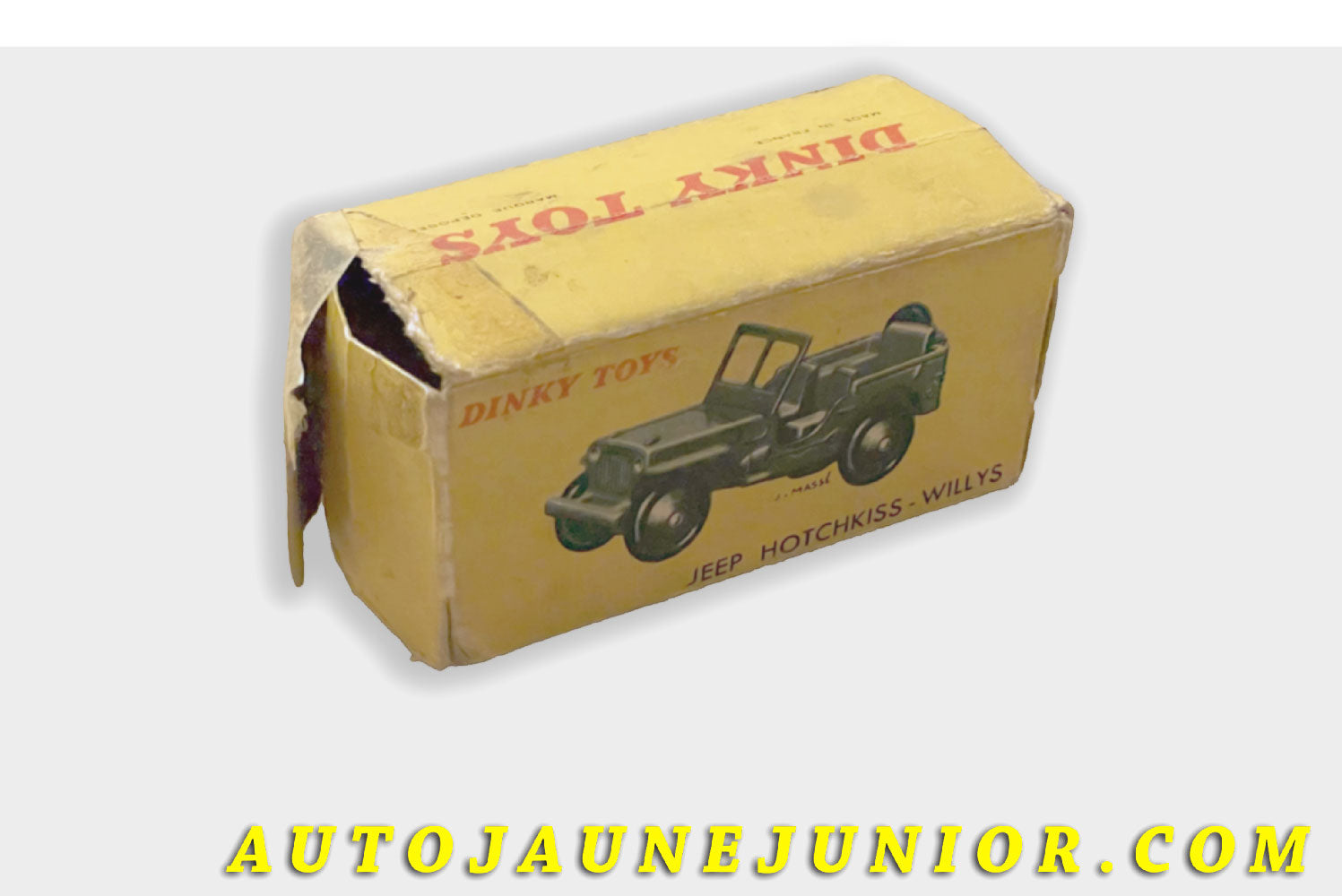 Le Dinky Toys Willys Boite vide Jeep Hotchkiss est en vente sur Auto Jaune Junior ! Découvrez nos collections de diecast Minialuxe, CIJ, C-I-J, JRD, J-R-D,  Matchbox, Majorette… AutoJaune Junior ; AutoJauneJunior.com : LE site de partage pour les passionés de miniatures et collectionneurs de jouets anciens ! 