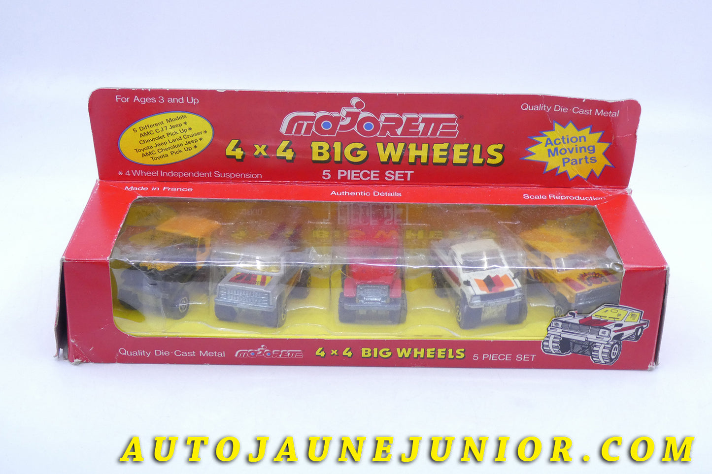 Le Majorette Jeep Coffret 4x4 Big Wheels : Jeep, Chevrolet, Toyota, AMC est en vente sur Auto Jaune Junior ! Découvrez nos collections de diecast Tekno, Politoys, Mebetoys, Mercury, Joal, Diapet, Märklin, TootsieToys.AutoJaune Junior ; Vous avez le même jouet ? Profitez de notre expertise pour vous accompagner dans la vente de vos modèles ou votre collection ! Nous achetons tous lots de miniatures ! Contactez nous !