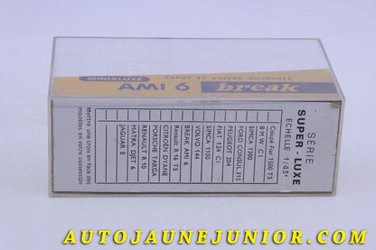 Le Minialuxe Citroën Ami 6 Break est en vente sur Auto Jaune Junior ! Découvrez nos collections de diecast Tekno, Politoys, Mebetoys, Mercury, Joal, Diapet, Märklin, TootsieToys.AutoJaune Junior ; Vous avez le même jouet ? Profitez de notre expertise pour vous accompagner dans la vente de vos modèles ou votre collection ! Nous achetons tous lots de miniatures ! Contactez nous !