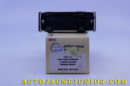 Le #2419 - Brooklin - Ford - Corsair "1964" - 4 Door Saloon "Ermine White" est en vente sur Auto Jaune Junior ! Tekno, Politoys, Mebetoys, Mercury, Joal, Diapet, Märklin, TootsieToys.Vous avez le même jouet ? Profitez de notre expertise pour vous accompagner dans la vente de vos modèles ou votre collection ! Nous achetons tous lots de miniatures ! Contactez nous ! contact@autojaunejunior.com. 