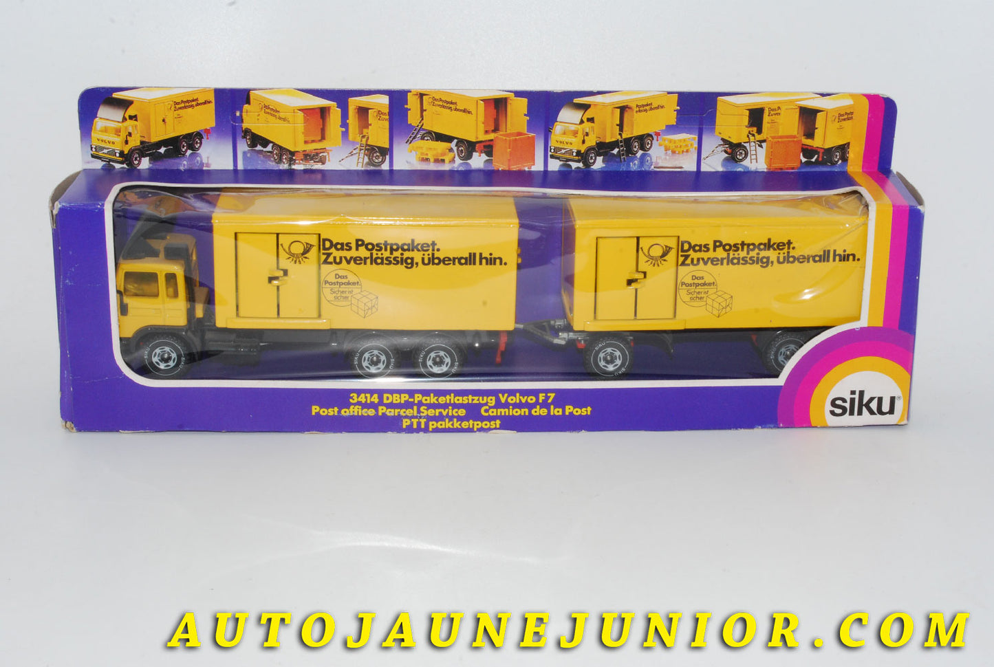 Le #4218 - Siku - Volvo - Vovolo F7 semi remorque - Convois avec 2 fourgons  Postes Allemandes "Das Postpaket. Zuverlässig, überall hin" est en vente sur Auto Jaune Junior ! Tekno, Politoys, Mebetoys, Mercury, Joal, Diapet, Märklin, TootsieToys.Vous avez le même jouet ? Profitez de notre expertise pour vous accompagner dans la vente de vos modèles ou votre collection ! Nous achetons tous lots de miniatures ! Contactez nous ! contact@autojaunejunior.com. 