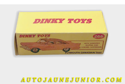 Le Dinky Toys Plymouth Boite vide Plymouth Canadian Taxi (Repro) est en vente sur Auto Jaune Junior ! Découvrez nos collections de diecast Tekno, Politoys, Mebetoys, Mercury, Joal, Diapet, Märklin, TootsieToys.AutoJaune Junior ; Vous avez le même jouet ? Profitez de notre expertise pour vous accompagner dans la vente de vos modèles ou votre collection ! Nous achetons tous lots de miniatures ! Contactez nous !