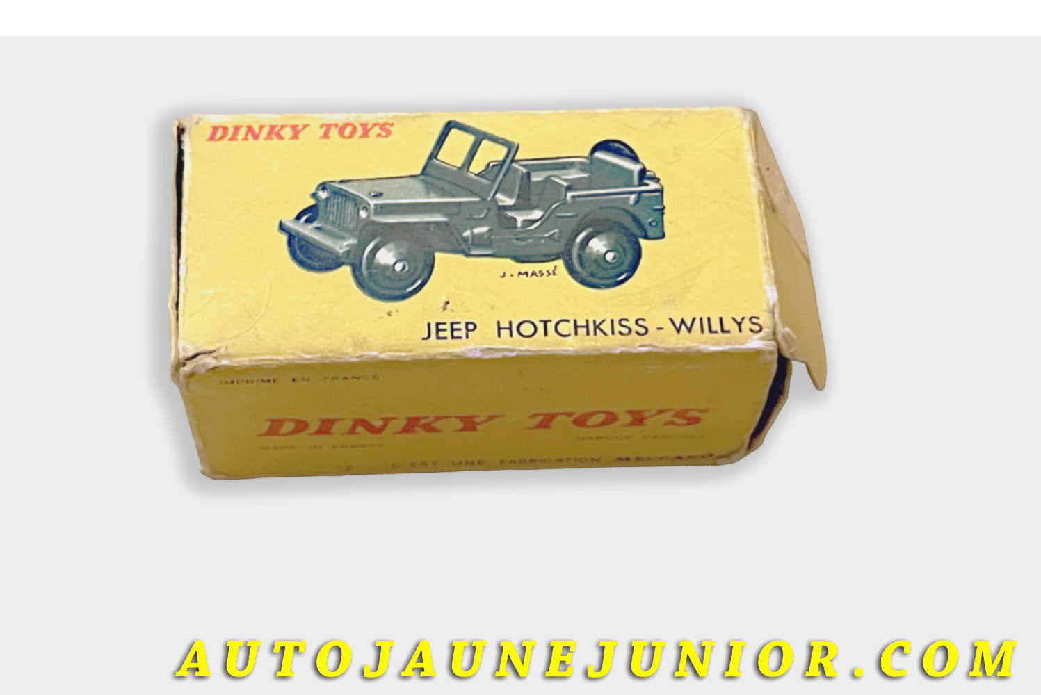 Le Dinky Toys Willys Boite vide Jeep Hotchkiss est en vente sur Auto Jaune Junior ! Découvrez nos collections de diecast Tekno, Politoys, Mebetoys, Mercury, Joal, Diapet, Märklin, TootsieToys.AutoJaune Junior ; Vous avez le même jouet ? Profitez de notre expertise pour vous accompagner dans la vente de vos modèles ou votre collection ! Nous achetons tous lots de miniatures ! Contactez nous !