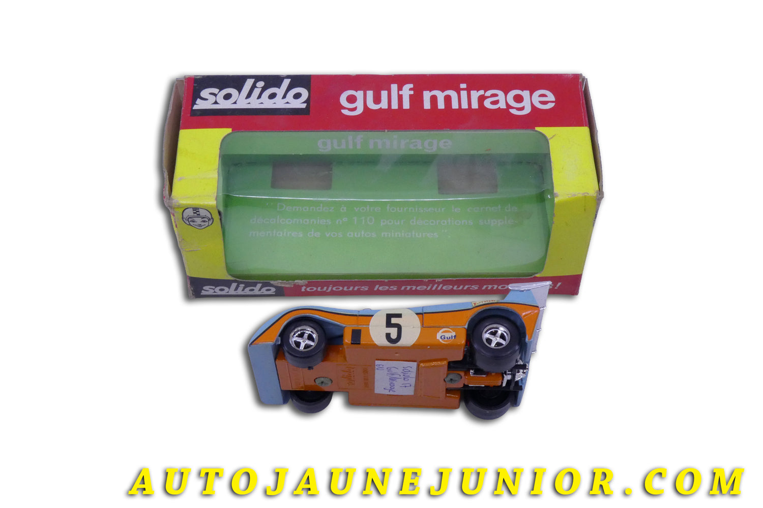 Le Solido Mirage M6 - Gulf - "1000Km de Spa" 1973 est en vente sur Auto Jaune Junior ! Découvrez nos collections de diecast Tekno, Politoys, Mebetoys, Mercury, Joal, Diapet, Märklin, TootsieToys.AutoJaune Junior ; Vous avez le même jouet ? Profitez de notre expertise pour vous accompagner dans la vente de vos modèles ou votre collection ! Nous achetons tous lots de miniatures ! Contactez nous !