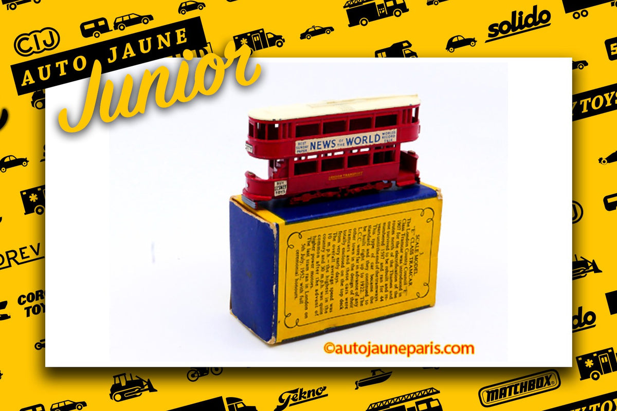 Le #2699 - Matchbox - Tramway - deux étages "news World" est en vente sur Auto Jaune Junior ! Découvrez nos collections de diecast Minialuxe, CIJ, C-I-J, JRD, J-R-D, Matchbox, Majorette.. AutoJauneJunior.com: le site de vente en ligne et de partage pour les passionés de miniatures et collectionneurs de jouets anciens ! Des centaines de modèles en vente, et des nouveautés mises en ligne chaque jour à 21h00 !