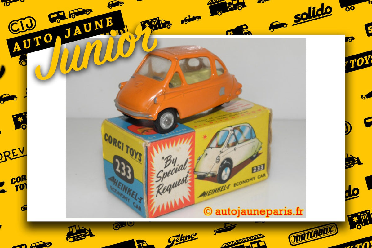 Le #2730 - Corgi Toys - Heinkel - auto à 3 roues Economy Car est en vente sur Auto Jaune Junior ! Découvrez nos collections de diecast Dinky-Toys, Corgi, Corgi-Toys, Solido, Norev.. Découvrez notre magasin physique, AutoJaune Paris, ouvert en 1984 par Vincent Espinasse. 41 rue Cavendish, 75019 Paris. Tel: 01 42 40 61 23. Ouvert les mardi et vendredi de 13h à 19h.