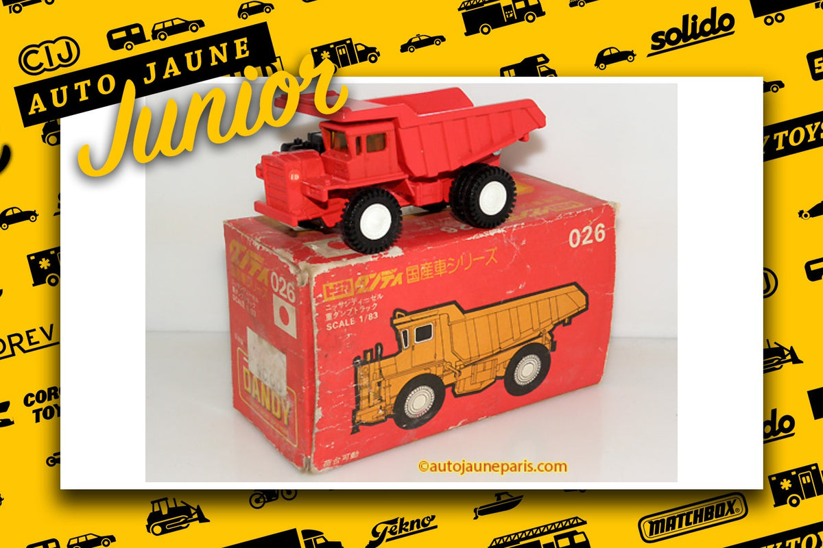 Le #2645 - Tomica - Nissan - Dumper est en vente sur Auto Jaune Junior ! Découvrez nos collections de diecast Dinky-Toys, Corgi, Corgi-Toys, Solido, Norev.. Découvrez notre magasin physique, AutoJaune Paris, ouvert en 1984 par Vincent Espinasse. 41 rue Cavendish, 75019 Paris. Tel: 01 42 40 61 23. Ouvert les mardi et vendredi de 13h à 19h.