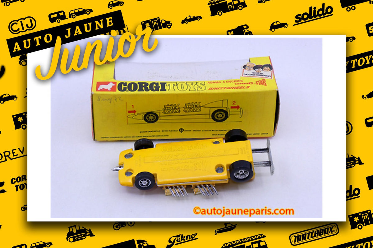 Le #2693 - Corgi Toys - Adams - Drag star 4 moteurs est en vente sur Auto Jaune Junior ! Tekno, Politoys, Mebetoys, Mercury, Joal, Diapet, Märklin, TootsieToys. Vous avez le même jouet ? Profitez de notre expertise pour vous accompagner dans la vente de vos modèles ou votre collection ! Nous achetons tous lots de miniatures ! Contactez nous ! contact@autojaunejunior.com.