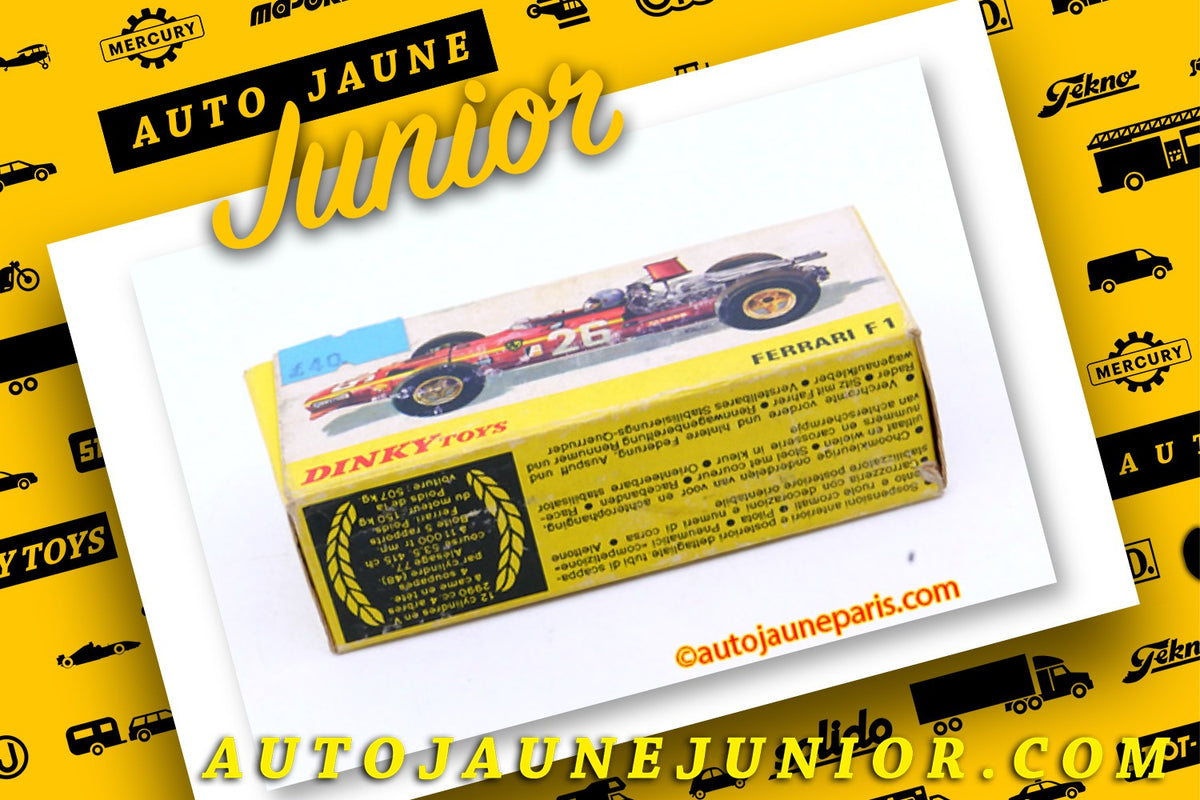 Le #2525 - Dinky Toys - Ferrari - 312 F1 1968 est en vente sur Auto Jaune Junior ! Tekno, Politoys, Mebetoys, Mercury, Joal, Diapet, Märklin, TootsieToys. Vous avez le même jouet ? Profitez de notre expertise pour vous accompagner dans la vente de vos modèles ou votre collection ! Nous achetons tous lots de miniatures ! Contactez nous ! contact@autojaunejunior.com.
